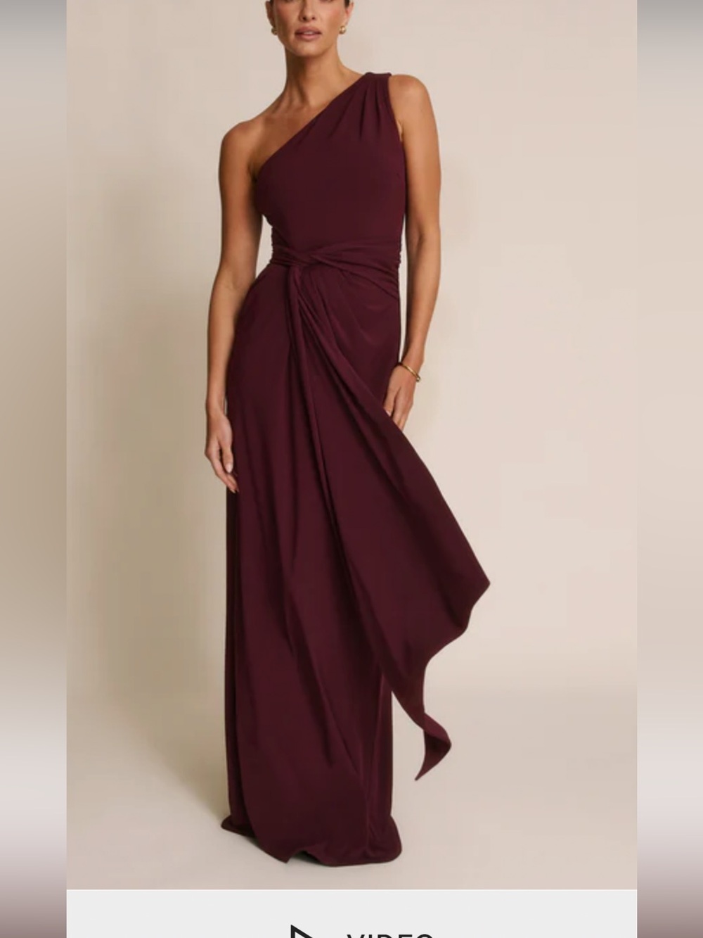 One-Shoulder Wine Evening Gown with Draped Knot